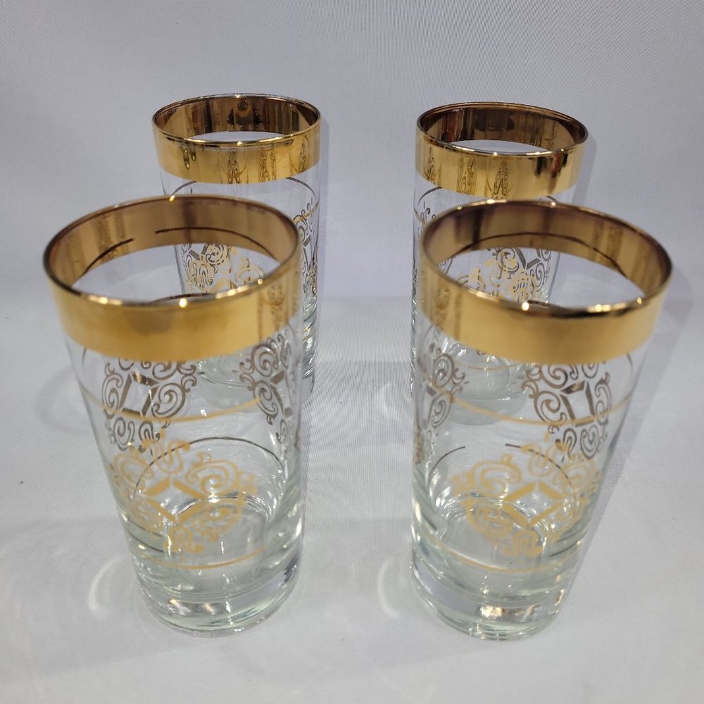 Vintage High Ball Glasses Set 4 Mid-Century Atomic Gold Scroll Barware